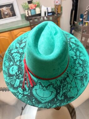 Grinch Custom Cowboy Hat Hand Burned Black Graphic Brim and Red Band